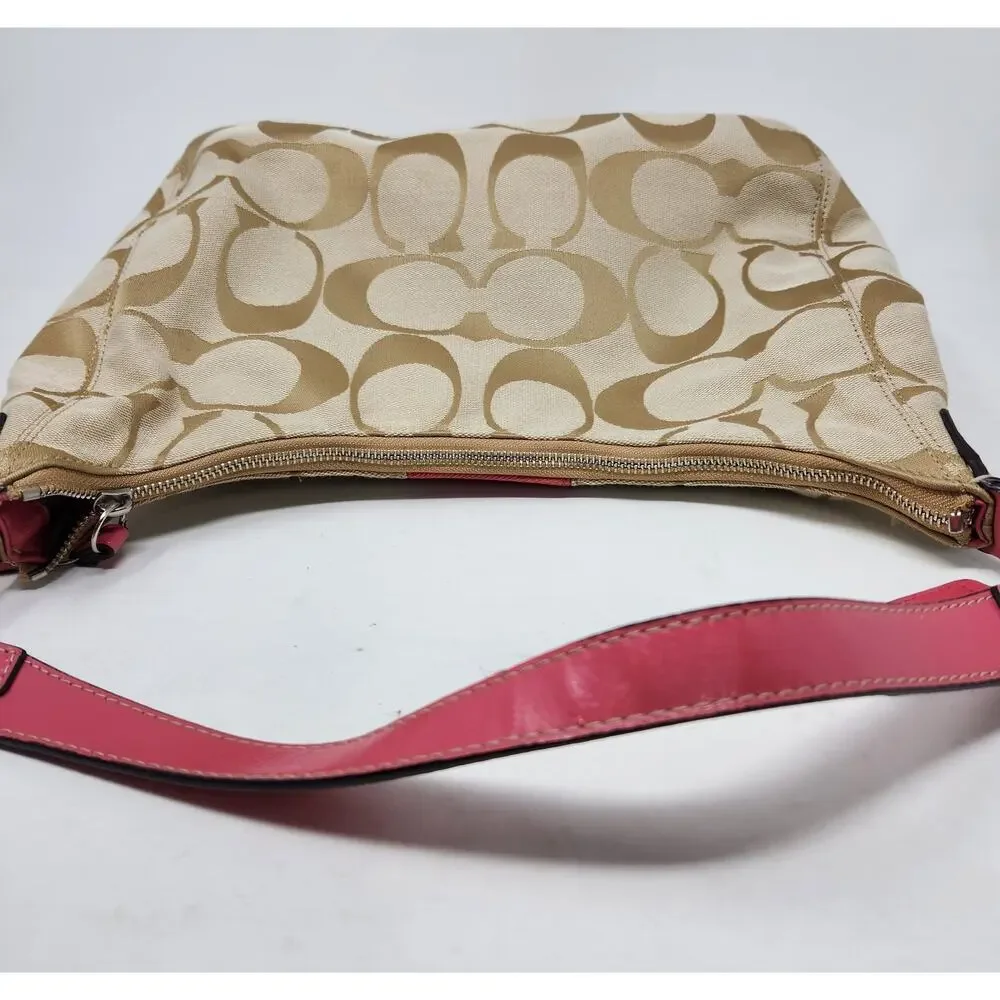 Vtg Y2K Coach Signature Stripe Hobo Shoulder Bag F19281 Khaki/Berry Pink